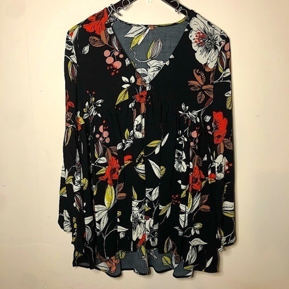 Free People Long Sleeve V-Neck Floral Print Black Flowy Mini Dress Size Small - Picture 2 of 9